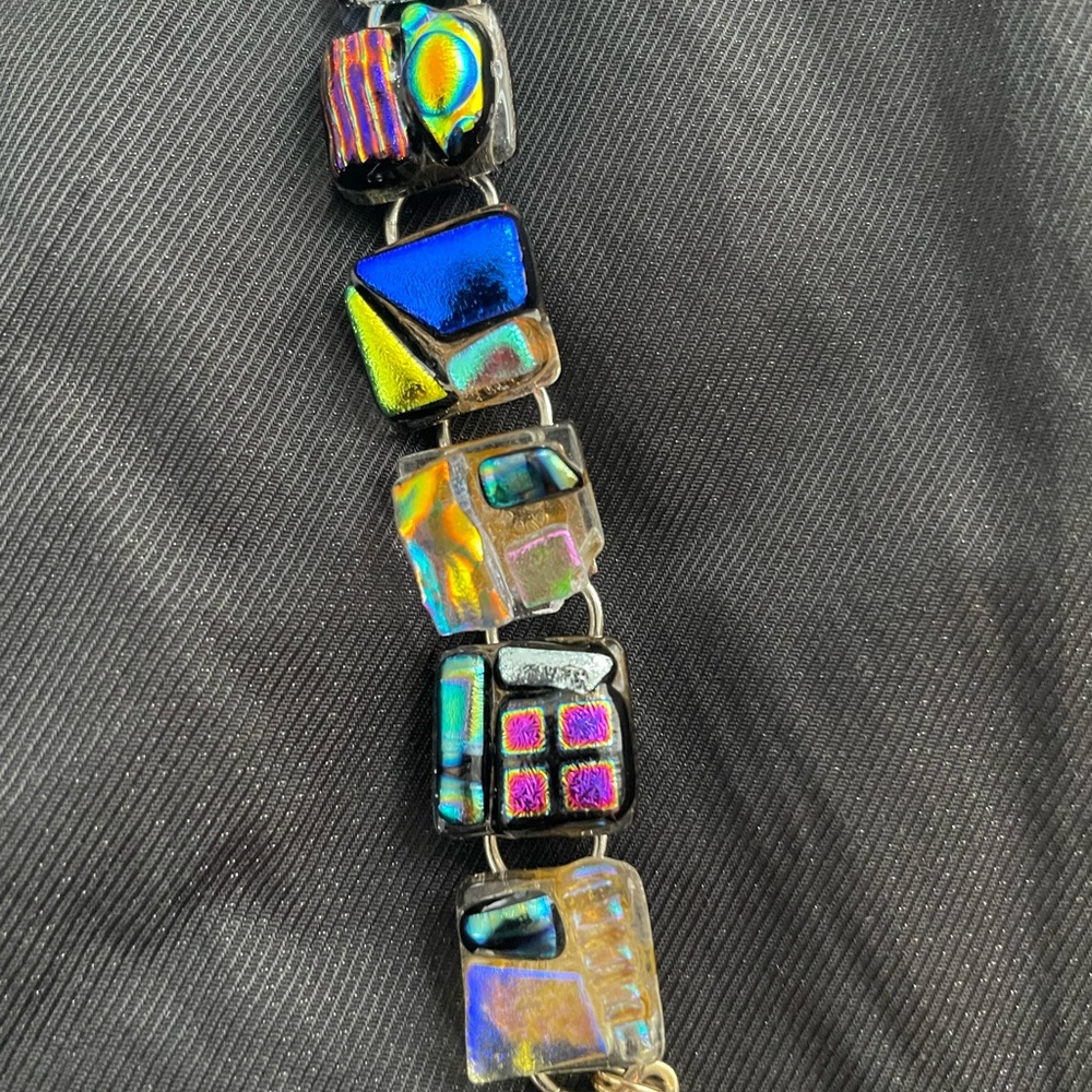 Dichroic glass 8" bracelet. 1/2" glass squares infused with stacked metal.